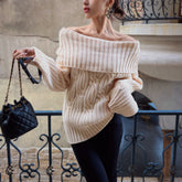 Cozy Off Shoulder Cable Knit Sweater, Chunky Oversized Bardot Jumper in Baby Blue or Cream