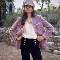 Lilac Boucle Tweed Trim Jacket with Pearl Buttons (Poly/Acrylic)