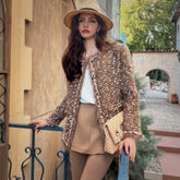 Mocha Wool-Blend Boucle Tweed Jacket with Eyelash Fringe