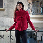 Short Jacket with Convertible Rib-Knit Scarf Collar — Red - Dabuwawa