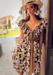 Boho Floral Mini Dress | Cotton Puff Sleeve Empire-Waist Ribbon Tie Summer Dress