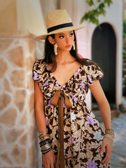 Boho Floral Mini Dress | Cotton Puff Sleeve Empire-Waist Ribbon Tie Summer Dress