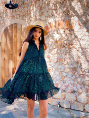 Leopard Print Mini Sundress | Forest Green Boho Tiered Chiffon Summer Dress