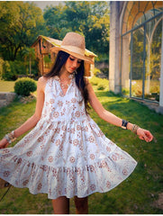 Linen-Blend Boho Sundress, White Floral Summer Dress, Sleeveless Swing Dress, Tiered A-Line Resort Outfit, Casual Holiday Style