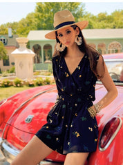 Linen-Blend Boho Floral Shorts, Black High-Waisted Summer Shorts, Elastic Waist Casual Bottoms, Lightweight Resort Wear