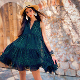 Leopard Print Mini Sundress | Forest Green Boho Tiered Chiffon Summer Dress