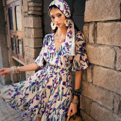 Floral Cotton Mini Dress | Purple Tulip Print Tiered Boho Summer Dress