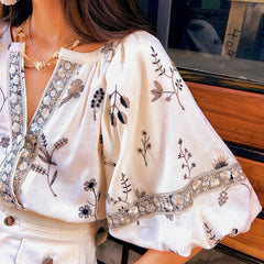 Linen Boho Blouse - Floral Embroidered Balloon Sleeve Top with Elastic Neckline