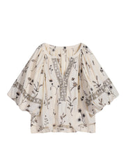 Linen Boho Blouse - Floral Embroidered Balloon Sleeve Top with Elastic Neckline
