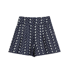 Navy Blue Linen-Blend Floral High-Waist Shorts for Women, Boho Summer Style