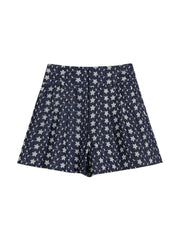 Navy Blue Linen-Blend Floral High-Waist Shorts for Women, Boho Summer Style