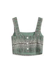 Linen-Blend Boho Paisley Crop Top in Olive Green – Summer Essential