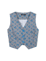 Blue Floral Vest - Linen Blend Vest With Striped Button Design, Tailored Fit