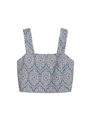Blue Embroidered Linen-Blend Crop Top for Women, Boho Summer Sleeveless Tank