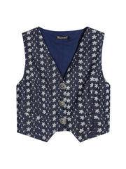 Navy Blue Floral Linen-Blend Button Vest for Women, Boho Summer Waistcoat