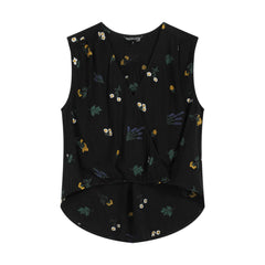 Linen-Blend Black Floral Sleeveless Wrap-Style Top for Effortless Summer Style