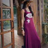 Linen-Blend Purple Graphic Maxi Dress with Spaghetti Straps for Effortless Boho Vibes