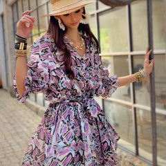 Purple Brushstroke Print Linen-Blend Puff Sleeve Dress with Waist Tie