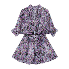 Purple Brushstroke Print Linen-Blend Puff Sleeve Dress with Waist Tie