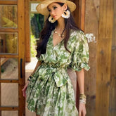 Green Floral Mini Dress Boho, Natural-Fiber Blend, Ruffle Neck, Puff Sleeve, Belted Summer Dress