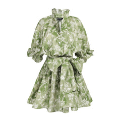 Green Floral Mini Dress Boho, Natural-Fiber Blend, Ruffle Neck, Puff Sleeve, Belted Summer Dress