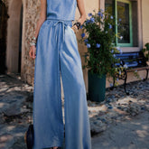 Wide Leg Palazzo Pants Blue, Natural-Fiber Blend, High Waist, Boho Summer Trousers, Lightweight Lounge Pants