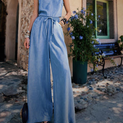 Wide Leg Palazzo Pants Blue, Natural-Fiber Blend, High Waist, Boho Summer Trousers, Lightweight Lounge Pants
