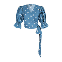 Boho Puff Sleeve Wrap Top | Blue Polka Dot Cotton Blouse Women | Adjustable Tie Waist