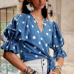 Boho Puff Sleeve Wrap Top | Blue Polka Dot Cotton Blouse Women | Adjustable Tie Waist