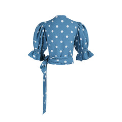 Boho Puff Sleeve Wrap Top | Blue Polka Dot Cotton Blouse Women | Adjustable Tie Waist
