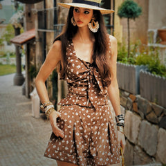 Brown Floral High-Waist Shorts, Natural-Fiber Blend, Boho Summer Belted Shorts