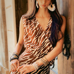 Zebra Print Sleeveless Wrap Blouse, Brown White, Natural-Fiber Blend, Boho Summer Top