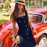 Black Button-Front Mini Dress, Natural-Fiber Blend, Sleeveless Retro Shift Dress with Gold Accents