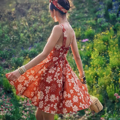 Rust Red Floral Sundress, Natural-Fiber Blend, Boho Fit and Flare Summer Dress