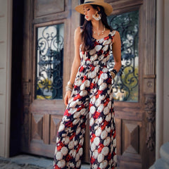 Floral Wide Leg Jumpsuit | Linen-Blend Summer Romper | Boho Sleeveless Vacation Outfit