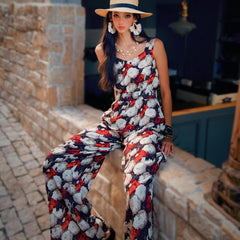 Floral Wide Leg Jumpsuit | Linen-Blend Summer Romper | Boho Sleeveless Vacation Outfit