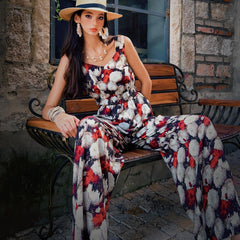Floral Wide Leg Jumpsuit | Linen-Blend Summer Romper | Boho Sleeveless Vacation Outfit