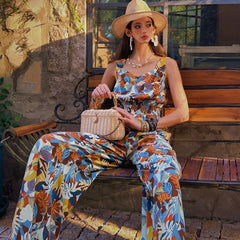 Women’s Tropical Leaf Wide-Leg Jumpsuit — Square Neck, Pockets