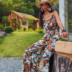 Women’s Tropical Leaf Wide-Leg Jumpsuit — Square Neck, Pockets