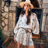 Linen-Blend Boho Floral Print Peasant Blouse with Balloon Sleeves