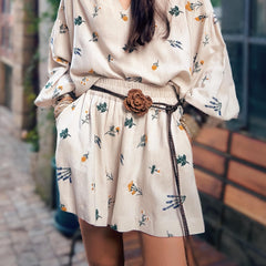 Linen-Blend Boho Floral Print Peasant Blouse with Balloon Sleeves