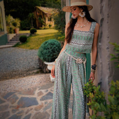 Linen-Blend Boho Wide Leg Pants in Vintage Paisley Print, High Waist Relaxed Fit Trousers