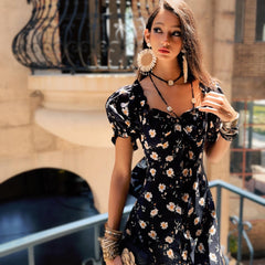 Daisy Print Mini Dress - Puff Sleeve Navy Floral Summer Boho A-Line