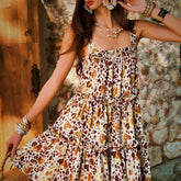Boho Tiered Sundress – Brown & Ochre Animal Print – Summer Ruffle Dress – Natural-Fiber Blend – Flowy Sleeveless Midi