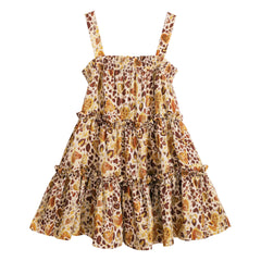 Boho Tiered Sundress – Brown & Ochre Animal Print – Summer Ruffle Dress – Natural-Fiber Blend – Flowy Sleeveless Midi