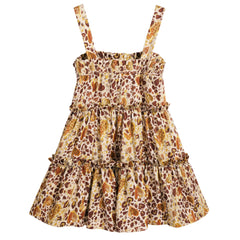 Boho Tiered Sundress – Brown & Ochre Animal Print – Summer Ruffle Dress – Natural-Fiber Blend – Flowy Sleeveless Midi