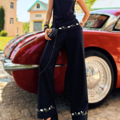 Wide Leg Black Pants Natural-Fiber Blend, Floral Embroidered Palazzo Trousers, Boho High Waist Summer Pants