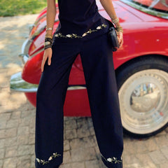 Wide Leg Black Pants Natural-Fiber Blend, Floral Embroidered Palazzo Trousers, Boho High Waist Summer Pants