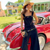 Boho Black Embroidered Linen-Blend Tank Top, Natural-Fiber Blend Summer Cami, Floral Square Neck Sleeveless Top