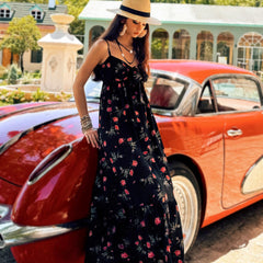 Boho Black Floral Maxi Dress, Natural-Fiber Blend Summer Sundress, Spaghetti Strap Flowy Maxi with Rose Print